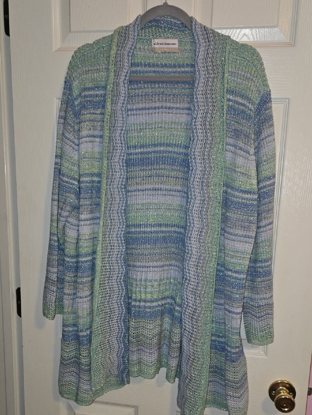 Alfred Dunner Blue, Seafoam & Light‎ Gray Striped Open Cardigan